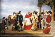 Richelieu bíboros bemutatja a festő Poussin-t XIII. Lajos királynak Jean Alaux 1832-es festményén